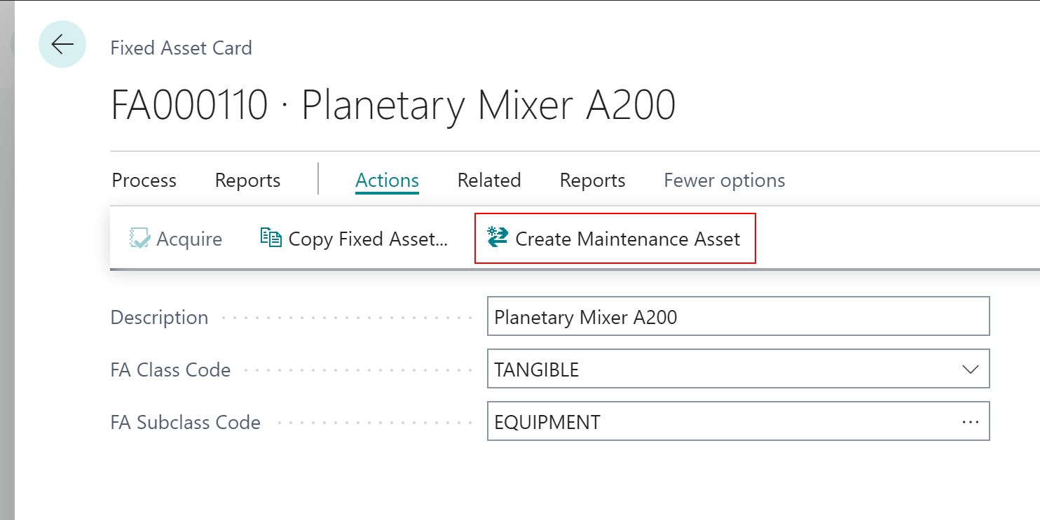 Create Maintenance Asset from Fixed Asset Card