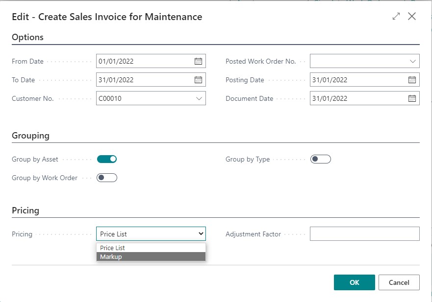 Create Sales Invoice for Maintenance in Business Central