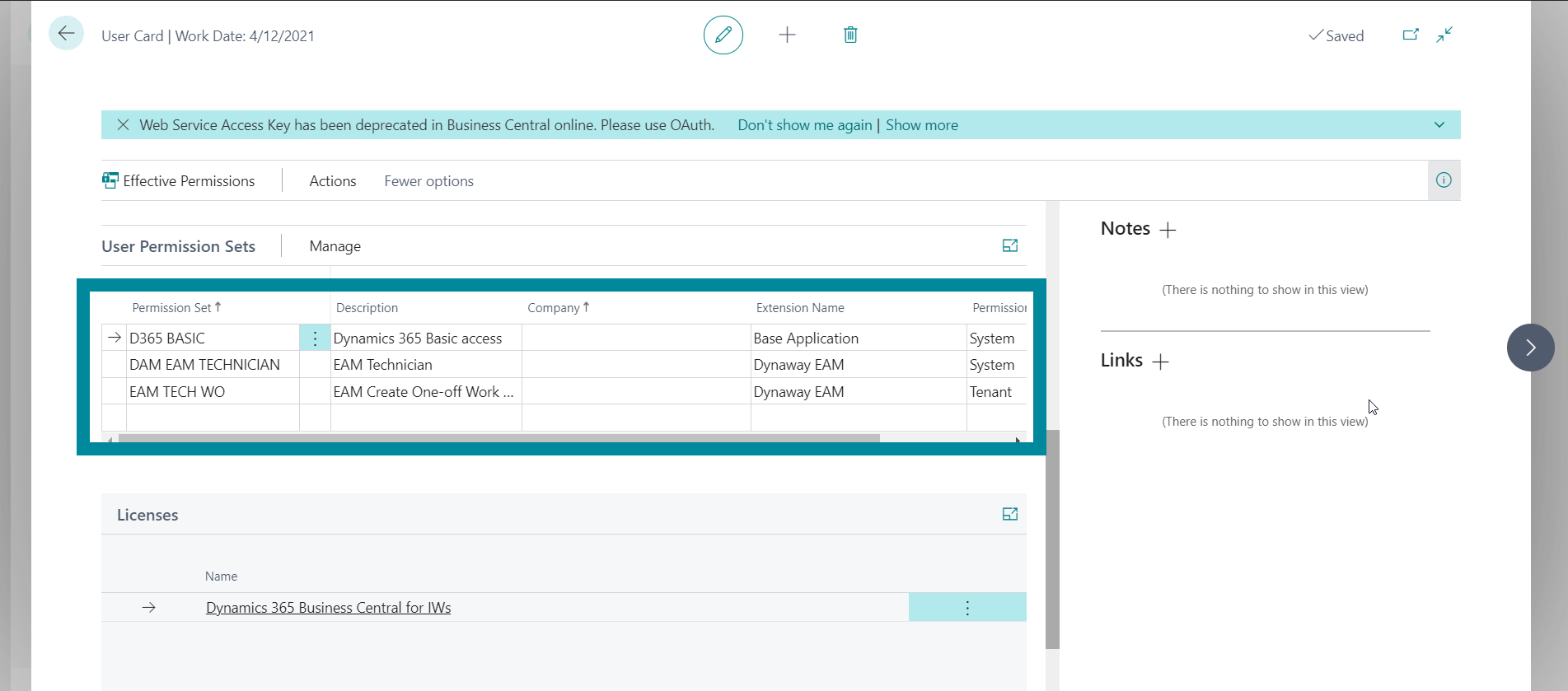 Example of a User Card with Maintenance Technicians Permissions