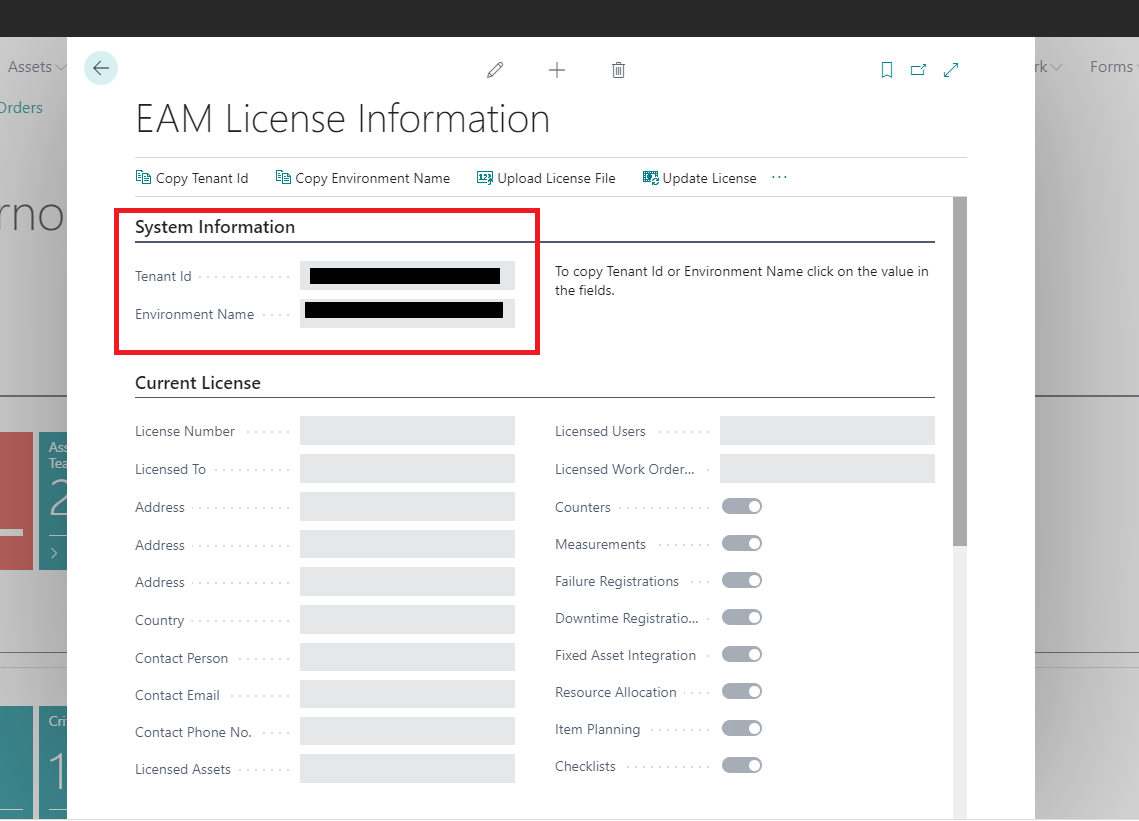 EAM license infromation tab