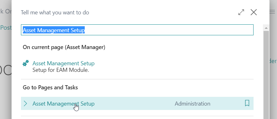 asset management setup in the searchbar