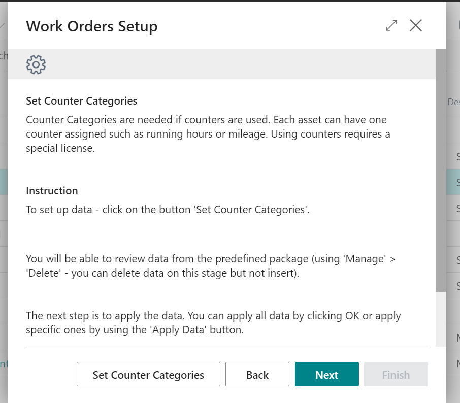 Counter Categories Work Order setup wizards
