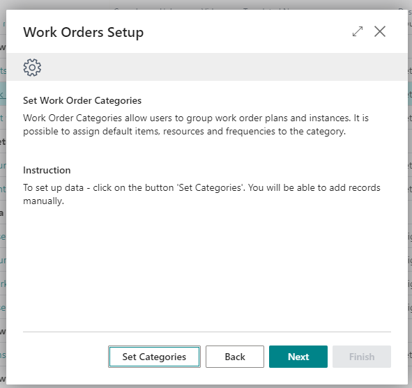 Work Order Categories wizard window