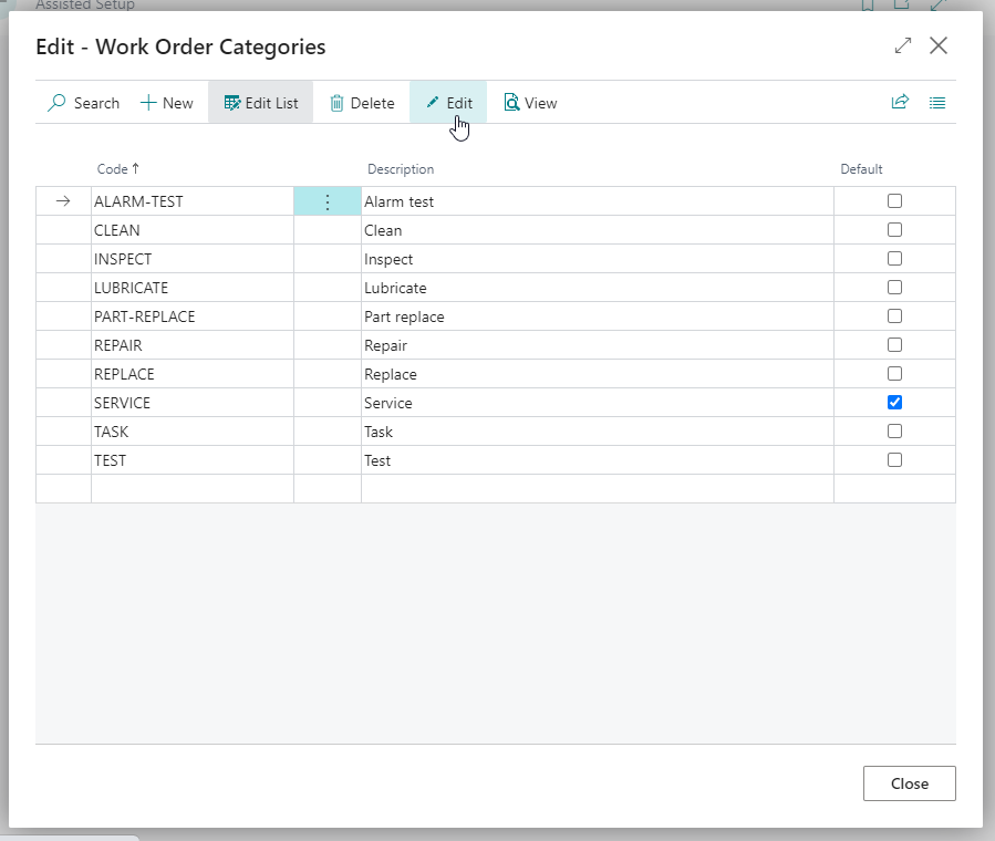 Work Order Categories table in Assisted Setup 